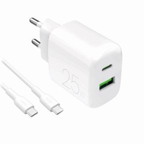 Wall Charger 1xUSB-A, 1xUSB-C, 25W with Cable USB-C to USB-C, 1,2m, by Puro White